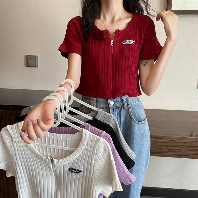 Rakuten - トップス ママ カジュアル ママ お出かけ サマーニット 女性用 リブ 30代 お洒落 デート 前開き 40代 ラウンドネック 半袖 かわいい レディース カットソー トップス 通学 学生 襟なし 春 20代 夏