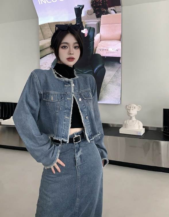 Rakuten - トップス ジャケット 前開き ジャケット 上着 ラフ こなれ感 袖あり 存在感 大人女子 デニム エレガント 主役級 おしゃれ 無地 モダン クール きれいめ トップス 個性的 襟なし 丸襟 大人可愛い 長袖 ポケット