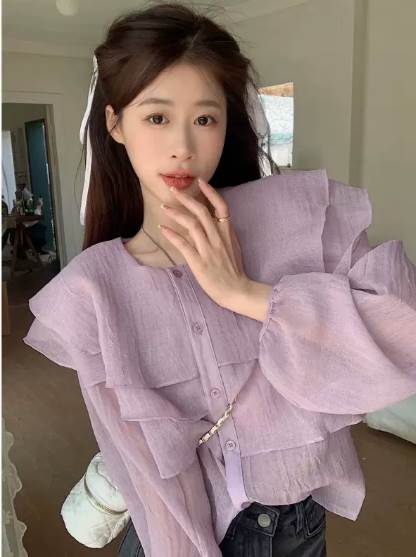 トップス シャツ フリル シャツ ブラウス こなれ感 大人女子 長袖 エレガント お洒落 前開き キュート ルーズ カジュアル モダン ガー..