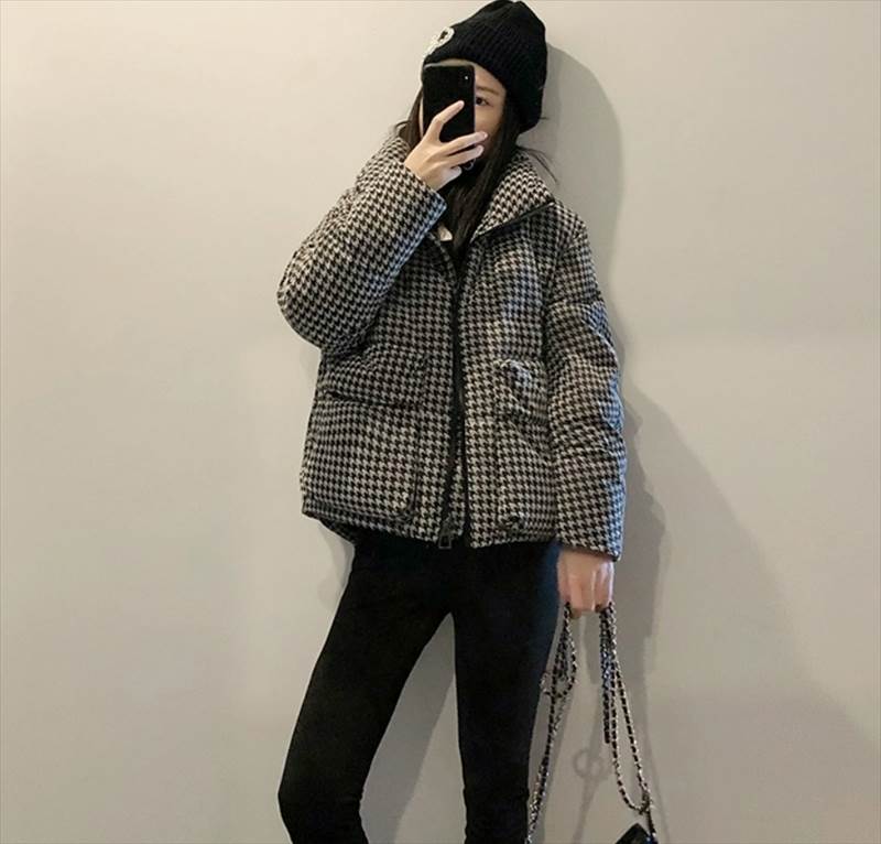 レディース 楽ちん スタンドカラー 楽ちん 長袖 デート 防寒 ストレート ショッピング 冬 コーデ ふっくら カジュアル レトロ もこもこ 公園 休日 アウター レディース ポケット ポリエステル 暖かい 旅行 千鳥格子 お出かけ(4)