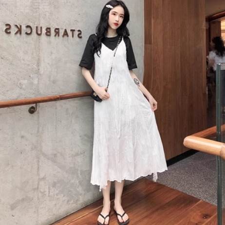 乐天商城 - セットアップ お出かけ ガーリー お出かけ トップス ワンピース 夏 ロングスカート 学生 おしゃれ デート キャミソールワンピ シンプル 大人可愛い Tシャツ 無地 ロング 2点セット セットアップ レース 半袖 重ね着 かわいい きれいめ カジュアル