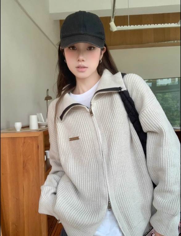 Rakuten - ダブルジップ 無地 ジップアップ 無地 ゆったり ゆる ワンポイント ドロップショルダー ラフ ガーリー メンズライク カジュアル ニット おしゃれ こなれ感 レディース ダブルジップ 抜け感 シンプル 送料無料 カーディガン レトロ 長袖