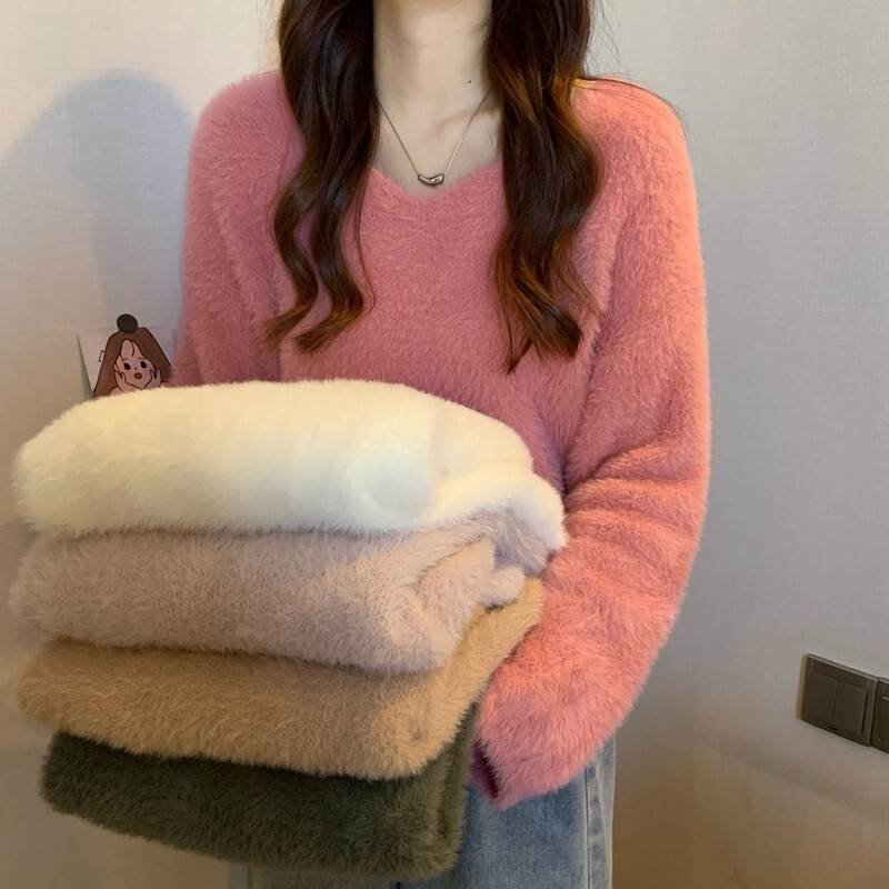 Rakuten - レディース ふわふわもこもこ おしゃれ ふわふわもこもこ 起毛 上品 シンプル シンプル 無地 大人可愛い お出かけ フェミニン キレカジ エレガント Vネック デート ガーリー プルオーバー レディース 長袖 送料無料 デイリー こなれ感 セーター カジュアル