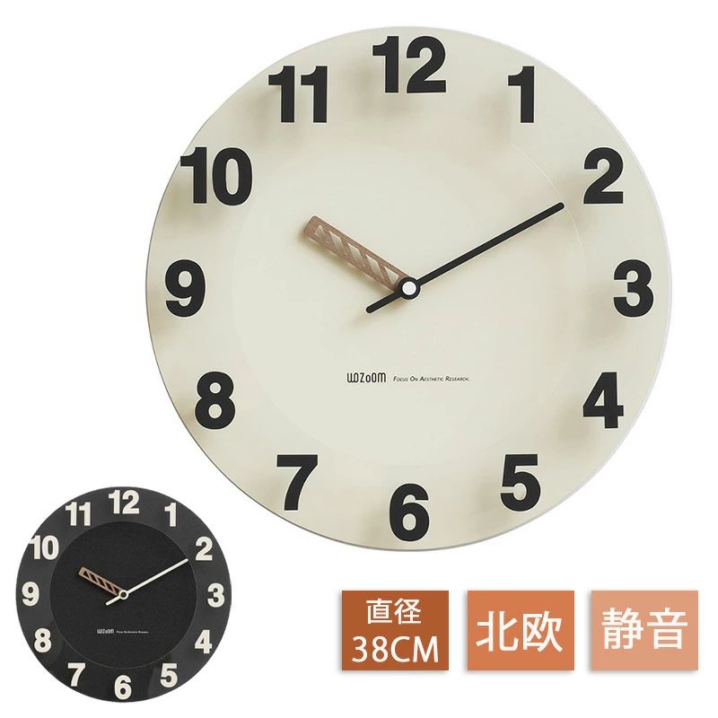 メーカー希望小売価格はメーカーサイトに基づいて掲載していますメーカー希望小売価格はメーカーサイトに基づいて掲載していますメーカー希望小売価格はメーカーサイトに基づいて掲載しています■ 表情が変化する掛け時計文字盤から浮かせた数字がクラシカルなデザインのウォールクロック。光の差す方向によって表情が変化する個性的なデザインです。■ 浮いているような数字数字部分は薄いアクリル板から切り出し、文字盤から浮いたように配置されているのが特徴です。フラットな本体とあいまって、より立体感が強調されています。■ 数字が生み出す陰影立体的な数字部分が光をうけると本体の文字盤に影を生み出します。この影もデザインの一部で光の当たる角度や強さによって、様々な表情を見せてくれます。■ 音が静かなスイープムーブメント秒針の針がスムーズに進み、コチコチ音が気にならないスイープムーブメントを採用。寝室など静かな場所でも気兼ねなくお使いいただけます。サイズ：直径38×D2.5cm梱包サイズ：42*40*7cm素材：MDF、木、アクリル樹脂重さ：0.76kgムーブメント：スイープムーブメント付属品：壁掛け用フック備考：・単3乾電池が1本必要となります。（電池は付属しておりません）・充電池はご利用いただけません。※写真に含まれるテレビやカーテンなどの撮影備品は付属いたしません。※PC・環境・光の具合等により、色のイメージが画像と若干異なる場合がございます。※海外工場で生産の為、記載寸法に対する数センチの誤差は許容範囲となりますのでご了承ください。※メーカーの製品の更新により、予告なしで同じ商品がデザイン、色若干変わる場合がございます。※製造時期により、同シリーズであってもやむなく多少の色差が発生してしまう場合がございます。ご了承ください。上記に関しましては初期不良ではございませんので、予めご理解の程、宜しくお願い致します