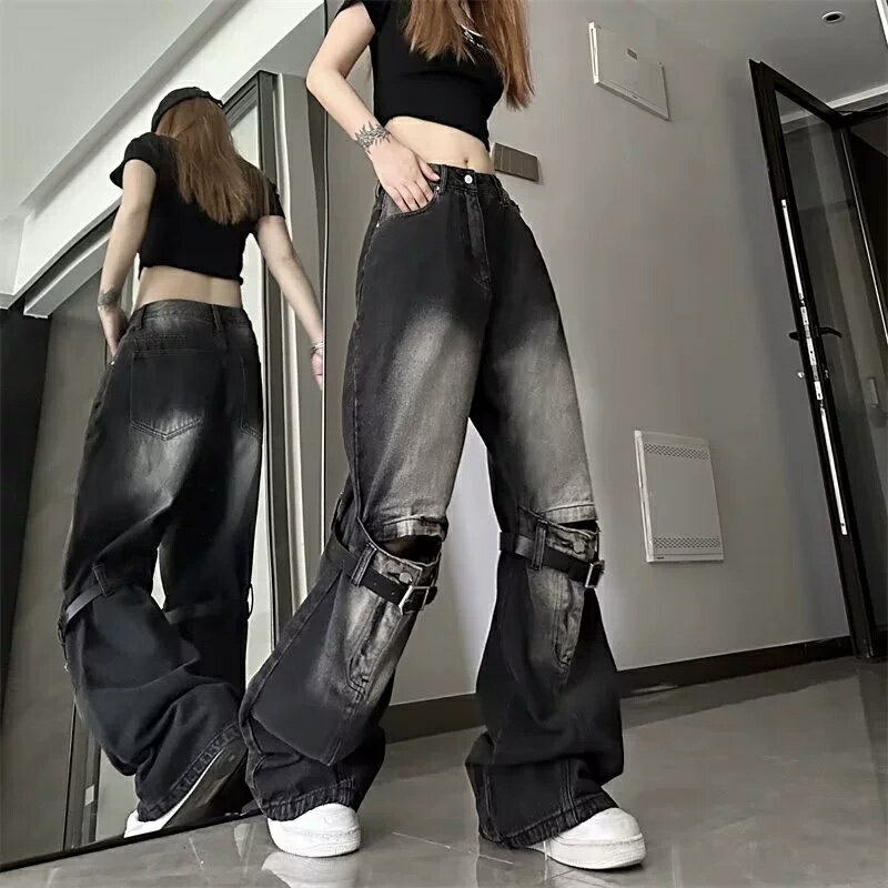 乐天商城 - デニム ワイドパンツ レディース ジーンズ ストレート ハイウエスト 膝ベルト デザイン ストリート Y2K ヴィンテージ風 ウォッシュ加工 ジーパン カーゴパンツ風 ボトムス ズボン 脚長 着痩せ 体型カバー ブラック グレー 黒 春 夏 秋 冬 カジュアル