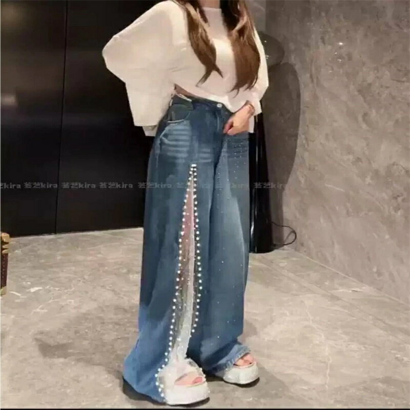 樂天商城 - ワイドパンツ デニム レース 切り替え レディース ジーンズ ジーパン ハイウエスト ストレート ロング ズボン ボトムス ゆったり 脚長効果 着痩せ 体型カバー 美脚 大人可愛い カジュアル キレイめ ビジュー パール風 スリット 華やか 春 夏 秋 オフィス 通勤 20代