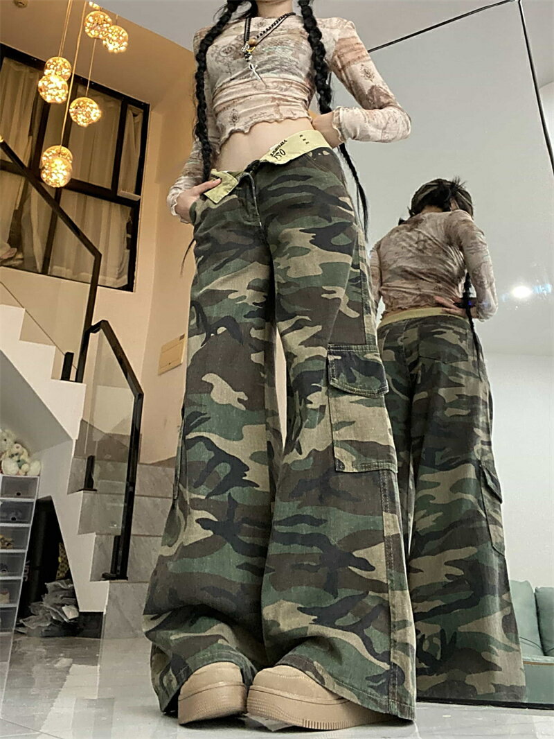 乐天商城 - 迷彩パンツ カーゴパンツ レディース ワイドパンツ ズボン ボトムス ミリタリー カモフラ ストリート系 Y2K 韓国 ヒップホップ ダンス 衣装 ウエスト折り返し 2way ハイウエスト 体型カバー 着痩せ 脚長 ワークパンツ カジュアル 春夏秋冬 大きいサイズ 軍パン