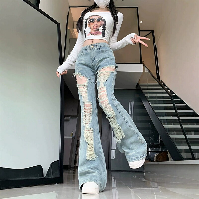 乐天商城 - デニムパンツレディースジーンズダメージ加工クラッシュベルボトムワイドパンツジーパンズボンボトムスロング丈ハイウエスト美脚脚長着痩せ細見え体型カバーY2K韓国ファッションストリート系カジュアルヴィンテージ風穴あきブーツカット春夏秋冬10代2