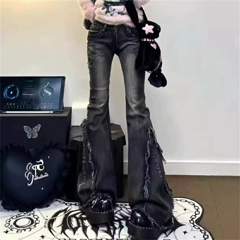 乐天商城 - デニムパンツ ジーンズ レディース ベルボトム ブーツカット ハイウエスト フリンジ ダメージ カットオフ ユーズド風 ヴィンテージ風 脚長 美脚 着痩せ 細見え ジーパン ズボン ボトムス ロング丈 裾フリンジ パンク Y2K グランジ ストリート サブカル 地雷系 韓国 黒