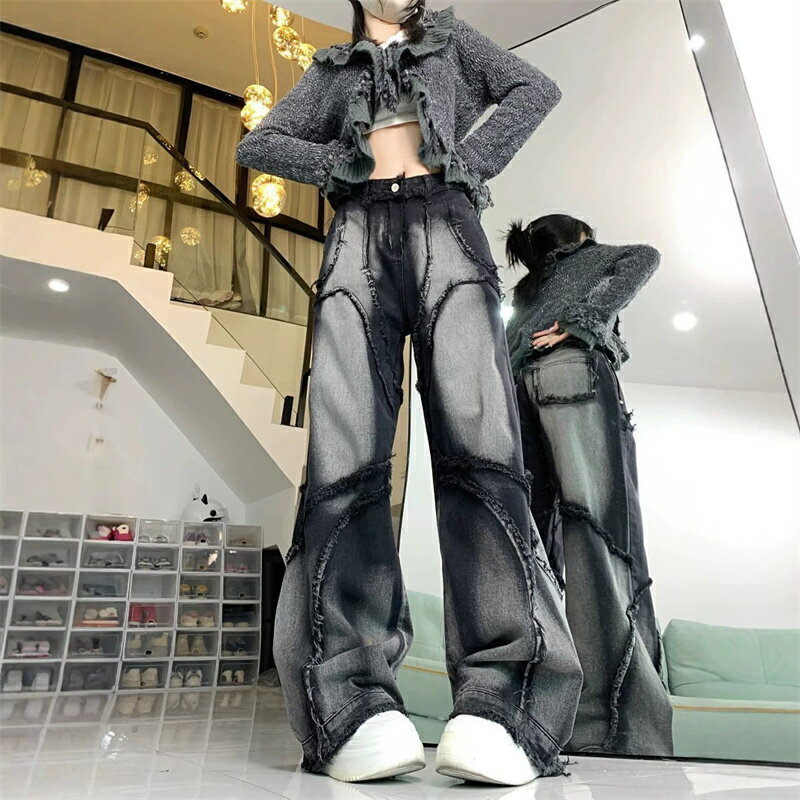 乐天商城 - デニム パンツ ジーンズ レディース ワイドパンツ ジーパン ズボン ボトムス パッチワーク リメイク風 切りっぱなし フリンジ ウォッシュ加工 ヴィンテージ風 ユーズド感 ハイウエスト 体型カバー 脚長効果 美脚 着痩せ 細見え ゆったり ストレート