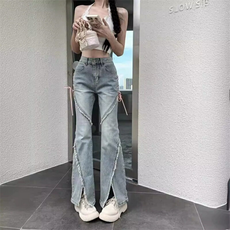 乐天商城 - デニムパンツ レディース ジーンズ ジーパン ベルボトム ブーツカット スリット ハイウエスト 脚長 美脚 着痩せ 体型カバー サイド レースアップ リボン 切り替え フリンジ デザイン 個性的 Y2K ストリート 韓国 ファッション 春 夏 秋 20代 30代 40代 ズボン
