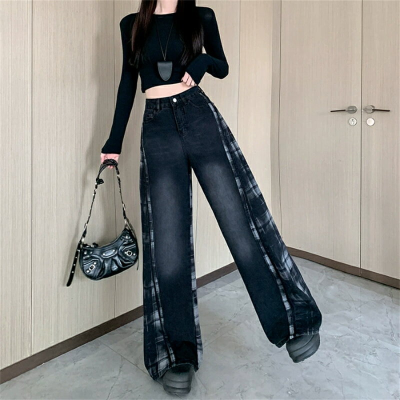 乐天商城 - デニムパンツ レディース ワイドパンツ ジーンズ ジーパン ズボン ボトムス 切り替え チェック柄 サイドライン ハイウエスト ゆったり 体型カバー 脚長効果 着痩せ ストリート ヴィンテージ風 アメカジ 韓国ファッション Y2K カジュアル ダンス 10代 20代 30代 春 夏