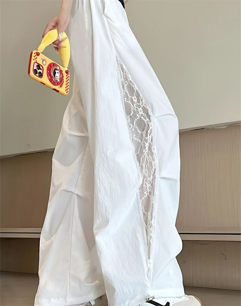 乐天商城 - サロペット レディース オールインワン オーバーオール ワイドパンツ ズボン ボトムス レース 切替 体型カバー ゆったり 着痩せ 細見え 脚長 楽ちん ウエストゴム ドロスト カジュアル 大人可愛い キレイめ ストリート 春 夏 秋 20代 30代 40代 白