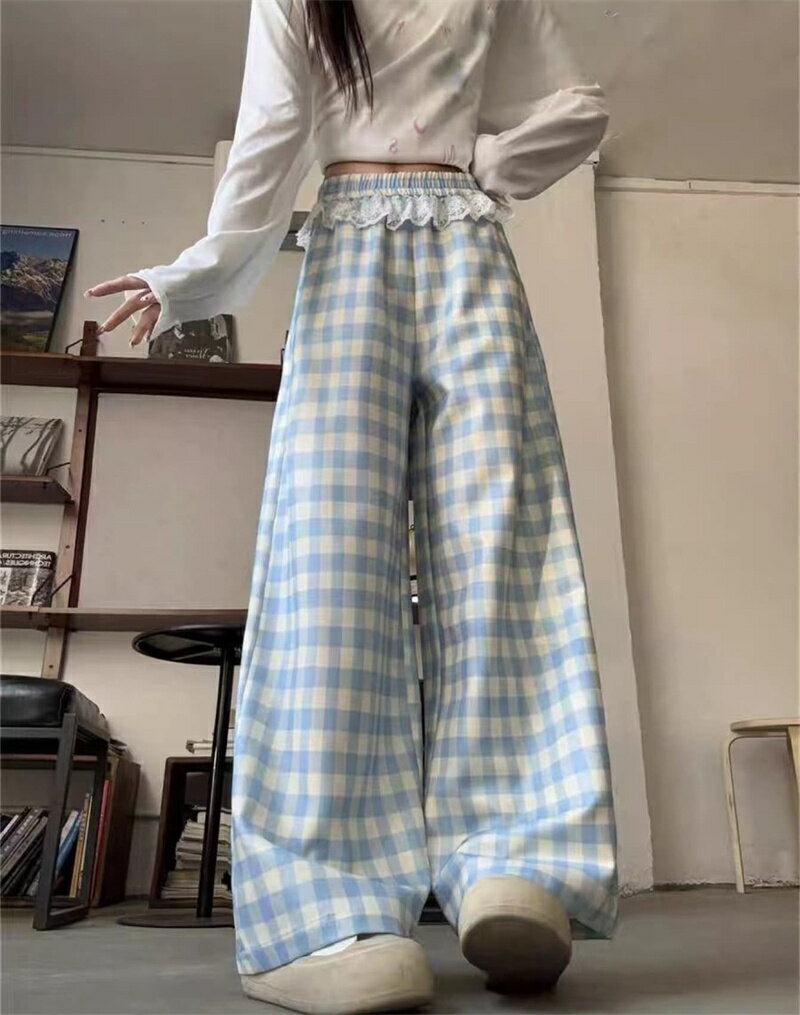 乐天商城 - ワイドパンツ チェック柄 レディース ギンガムチェック ストレートパンツ レース ウエストゴム ハイウエスト ズボン ボトムス ゆったり カジュアル 韓国風 大人可愛い 着痩せ 体型カバー 春 夏 秋 楽ちん 部屋着 お洒落 ブルー パジャマ風 ロングパンツ ガウチョ