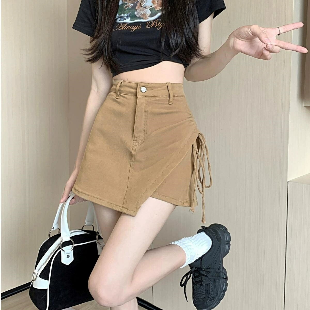 Rakuten - スカパン キュロット スカート風 ショートパンツ レディース ミニ ミニスカート タイト ハイウエスト アシンメトリー アシメ シャーリング ギャザー 痩せ見え 美脚 脚長 伸縮性 ストレッチ 無地 ボトムス 韓国 ストリート Y2K カジュアル セクシー 春 夏 秋 20代