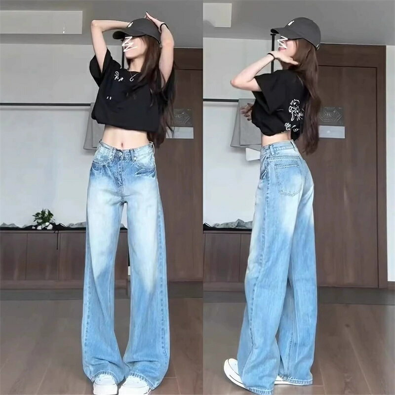 Rakuten - デニムパンツ レディース ジーンズ ワイドパンツ バギーパンツ ストレート ジーパン ズボン ボトムス ハイウエスト ロング丈 フルレングス ゆったり 体型カバー 着痩せ 脚長効果 細見え ライトブルー ウォッシュ ヴィンテージ風 アメカジ ストリート カジュアル