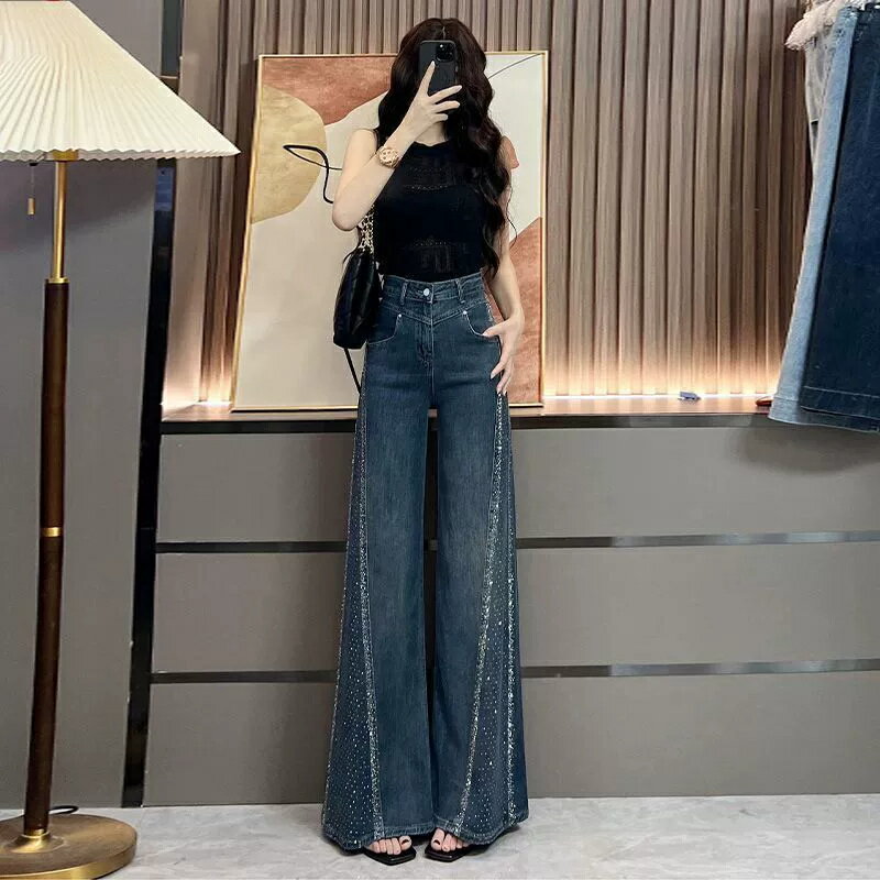 乐天商城 - ワイドパンツ デニム ジーンズ レディース ハイウエスト ストレート ジーパン ズボン ボトムス ロング丈 体型カバー 脚長 着痩せ 細見え きれいめ カジュアル 大人可愛い 韓国ファッション 春 夏 秋 冬 20代 30代 40代 サイドライン
