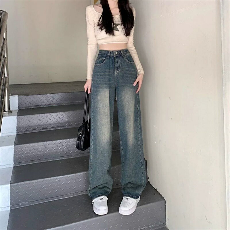 Rakuten - デニム ワイドパンツ レディース ジーンズ ハイウエスト ストレート ジーパン ズボン ボトムス ロング 丈長め ヴィンテージ風 ユーズド加工 体型カバー 脚長 美脚 着痩せ ゆったり ルーズ 韓国 ファッション 大人 カジュアル 20代 30代 40代 春 夏 秋 冬 通年 通勤