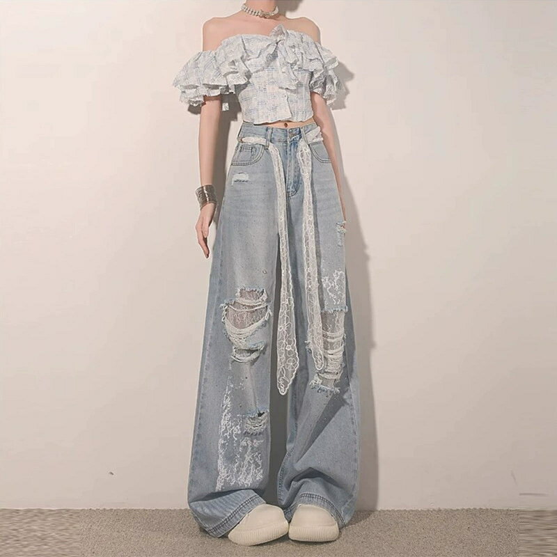 樂天商城 - デニムパンツ ワイドパンツ レディース ジーンズ ダメージ加工 クラッシュ レース 切替 ビジュー ジーパン ズボン ボトムス ハイウエスト ゆったり ワイド 美脚 脚長 効果 着痩せ 体型カバー 大人可愛い ストリート 韓国 ファッション 春 夏 秋 冬 20代 30代 40代