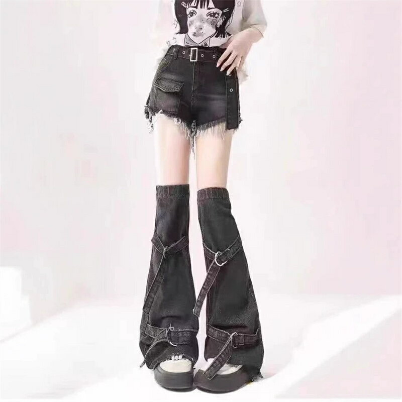乐天商城 - デニム ショートパンツ レッグカバー 2点セット レディース ホットパンツ 短パン ズボン ボトムス y2k ストリート パンク ロック 地雷系 サブカル ダメージ 加工 切りっぱなし フリンジ ベルト付 ハイウエスト 美脚 脚長 着痩せ 細見え 個性的 ライブ フェス ダンス