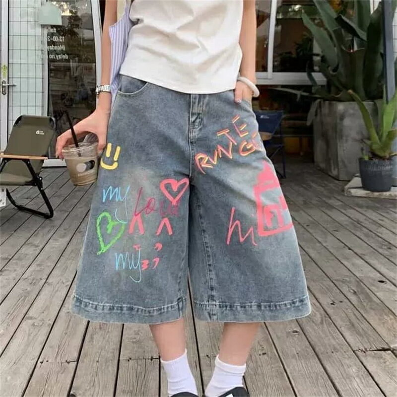 樂天商城 - デニム ワイドパンツ レディース メンズ 七分丈 クロップドパンツ ガウチョ ジーパン ジーンズ 落書き グラフィティ プリント 膝下 ハーフパンツ 五分丈 ゆったり ゆるい 大きいサイズ 体型カバー 着痩せ アメカジ ストリート系 原宿系 個性的 春 夏 青 ブルー 薄手
