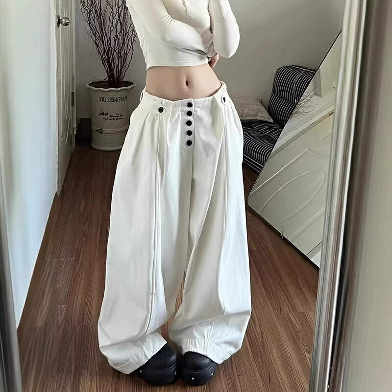 樂天商城 - ワイドパンツ ズボン レディース ボトムス バギーパンツ バルーンパンツ ガウチョパンツ ストレート ハイウエスト フロントボタン ゆる カジュアル 韓国 ファッション ストリート 体型カバー 脚長 着痩せ ゆったり 楽ちん 無地 白 ホワイト 春 夏 秋 通勤 通学 20代