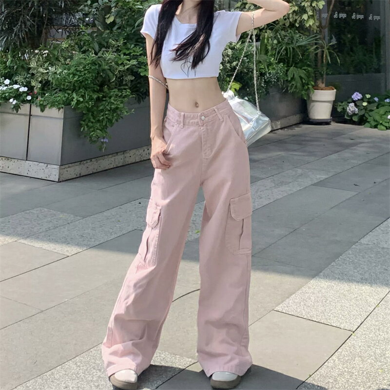 Rakuten - カーゴパンツ レディース デニム ワイドパンツ ピンク くすみカラー ハイウエスト ワークパンツ ジーンズ ズボン ゆったり 体型カバー 脚長 着痩せ ストリート 韓国 Y2K カジュアル 春 夏 秋 おしゃれ 可愛い ボトムス ロング丈 低身長 小柄 10代 20代 30代 無地