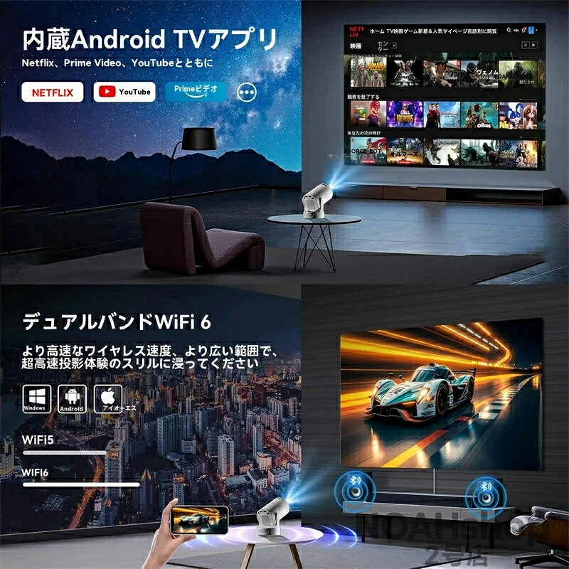 エムクリエイトジェットの2026年新製品 短焦点 4Kプロジェクター ポータブル ミニ スマートプロジェクター Android搭載 フルHD（1080P）対応4K画質 500ANSIルーメン Wi-Fi6＆Bluetooth5.4搭載 オートキーストーン補正 最大110インチ投写可能 ホームシアター＆アウトドア映画鑑賞に最適｜アングル3