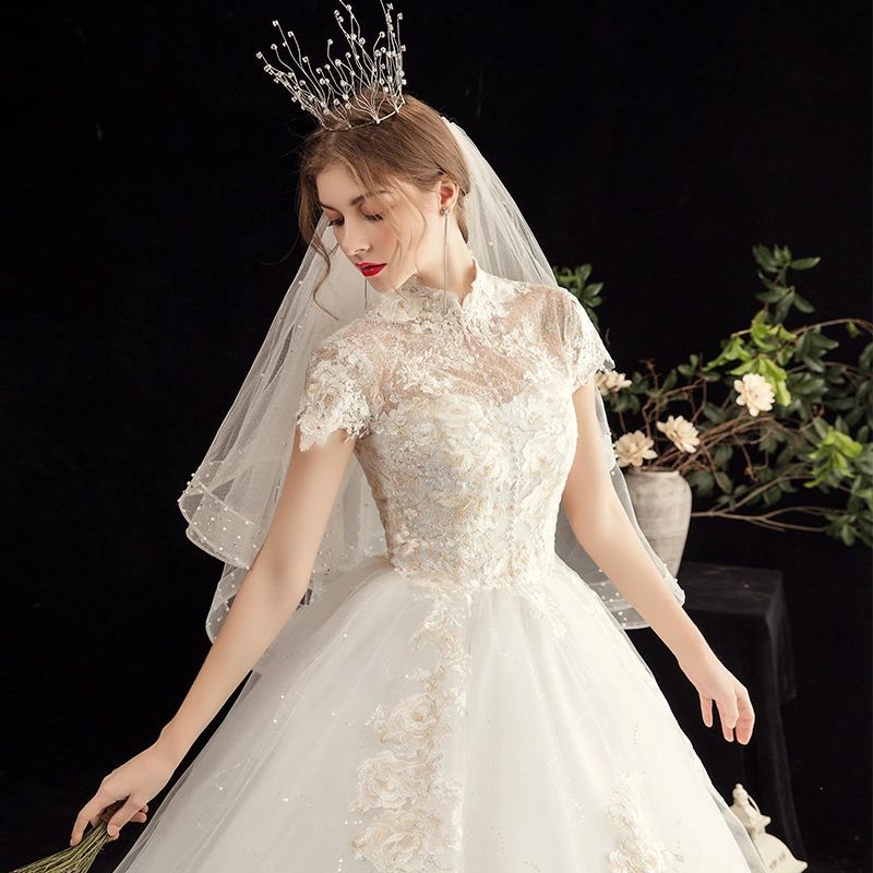 乐天商城 - ロングドレス S/M/L/XL/2XL 半袖 袖あり ホワイト dress ウエディングドレス 床タイプ ハイネック Aライン ブライダル 二次会 編み上げ プリンセスライン 披露宴 レディース wedding 白ドレス 結婚式 ウェディングドレス 花嫁 挙式 格安