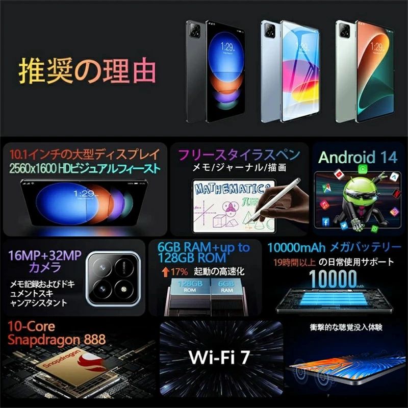 エムクリエイトジェットのタブレット pc 本体 android14 10インチ Wi-Fiモデル 高コスパ 安い android Bluetooth タブレット端末 GPS 通話対応 IPS液晶 軽量 simフリー 8GB RAM＆128GB ROM IPS液晶 SDカード 高性能 大画面 動画 在宅勤務 日本説明書｜アングル3