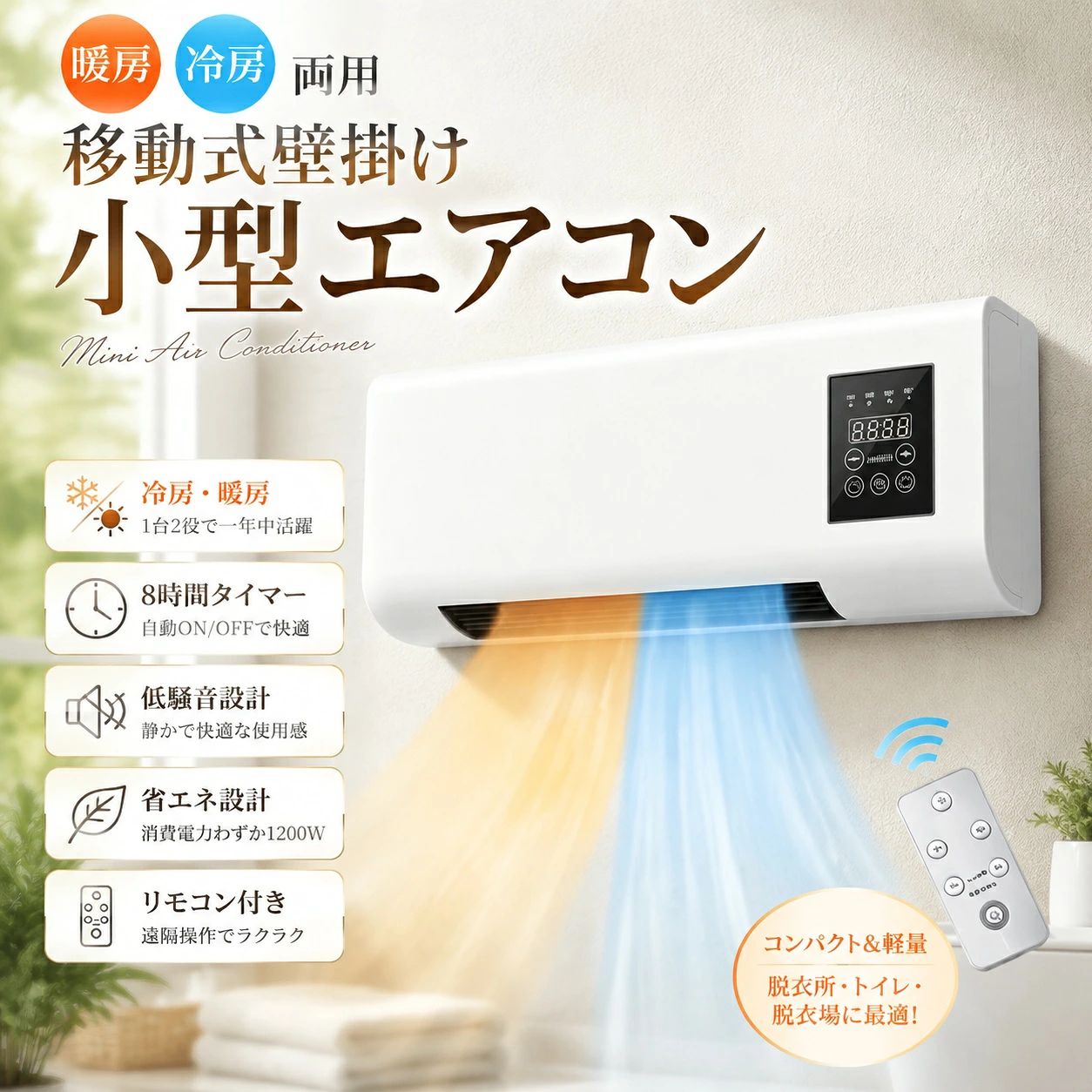 商品情報商品情報仕様 アイテムタイプ：壁掛けエアコン材質：ABS、PP重量：約1800g/63.5oz定格能力：1500w定格周波数:50hz電池の種類：ボタン電池×1サイズ：55cm*24cm*12cm梱包リスト：壁掛けエアコン×1、リモコン×1、取扱説明書×1取り付けについて室外機は必要がありません。工事不要、一人でも設置可能です。※ご注意 冷暖房機能あるので、16～40度温度調整できます。冷房機能がある程度効きますが、強く効果を求める方はご遠慮ください。冬で使うの暖房効果ほうが良いと思います。ご了承ください。【冷暖房】家全体の一定温度暖房、冷暖房、光なし、低騒音、冷温2段階調節可能。【8Hインテリジェントタイミング】最大8時間のタイミングシャットダウン機能、夜中に起きてシャットダウンするのを避け、自然に目が覚めるまで安心して眠れます。【リモコン】エアコンにはリモコンが付いています。機械のスイッチを簡単に操作でき、リモコンで送風速度を調整できます。【インテリジェントなタッチ スクリーン制御】壁に取り付けられたエアコンは、インテリジェントなタッチ スクリーン制御をサポートし、設置が簡単で使いやすいです。【小さいサイズ】冬の暖房、夏の冷房、四季のニーズを満たすために、寝室、リビングルーム、オフィスなどに置くのに適した小さい本商品は掲載されている画像と一致してエアコンファンです壁掛けクーラーファンなので、取り付けには壁のネジを締める必要があります。ホックの耐荷重が保証されていればホックで代用することもできますが、安全のため当店ではネジ留めを推奨しています。冷暖両用 移動式壁掛け小型エアコン 1200W 冷房・暖房兼用 8 時間タイマー搭載 低騒音 リモコン付き遠隔操作 操作簡単 省エネ 軽量 脱衣所・トイレ・脱衣場に最適 ミニ冷暖房ファン 送料無料 壁掛け設置可能な冷暖両用ミニエアコン！1200W パワー 8 時間タイマー付きリモコン操作 脱衣所やトイレの暑さ・寒さ対策に 5