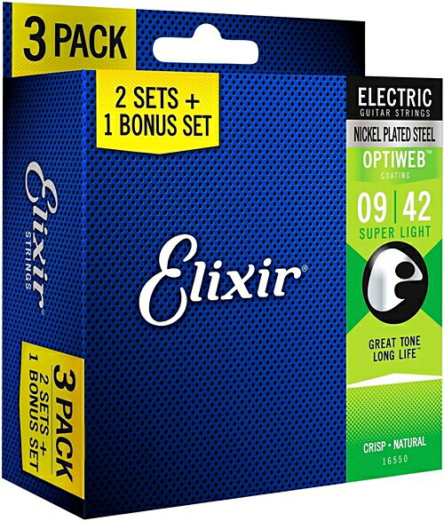 聟GNT[ Elixir GLM^[ 2Zbg + {[iX 1Zbg Electric Guitar with OPTIWEB CoatingSuper Light (.009-.042) #16550 (#19002 2+1 Pack   KK9N0D18P  RCP 