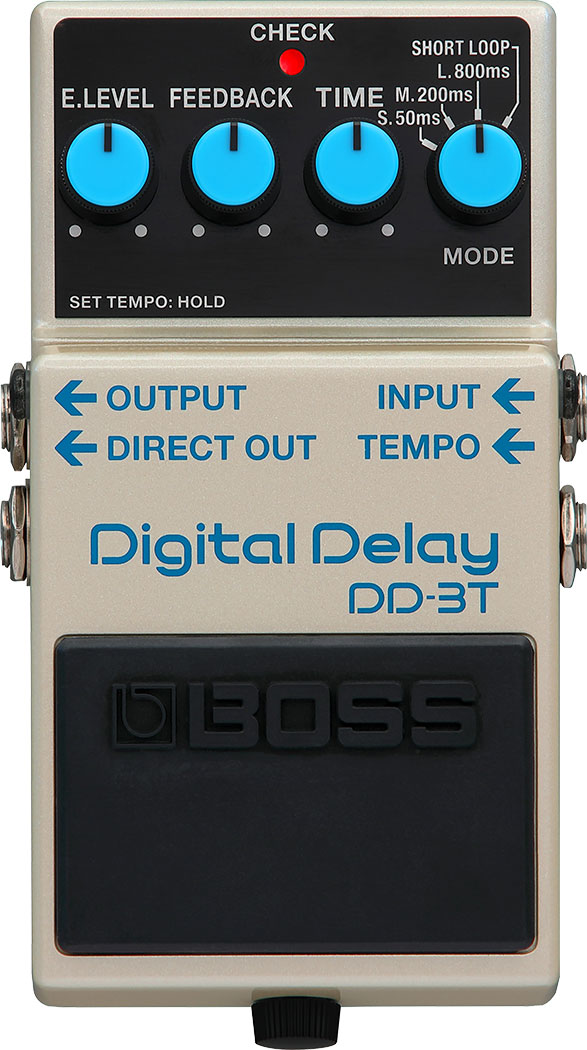 DD-3 Digital Delayは、1986年のデビュー以来、その象徴的なサウンドとシンプルな操作性により、今もなお、世界中のギタリストから高い支持を得ています。DD-3TはDD-3が持つ不朽のディレイ・サウンドと直感的な操作性はそのままに、機能性を強化したモデルです。本体のスイッチまたは外部フットスイッチを使用してディレイのテンポ設定が可能となり、設定する音符の長さは3種類から選択できます。また、ダイレクト・アウト端子はアウトプット端子側にレイアウト。ダイレクト／エフェクト音を個別で出力する際の接続がよりスムーズに行えるようになりました。 DD-3のサウンド、シンプルな操作性はそのままに機能性を強化 即座にサウンドを調整可能なイージー・オペレーション ディレイ・タイムは12.5msから800msまで、3つのタイム・レンジによりスピーディーかつ細かなセッティングが可能 本体スイッチ、もしくは外部フットスイッチによるタップ・テンポ入力が可能 DD-3のHOLD効果を得たり、フレーズ・ループを作成したりできるSHORT LOOPモード ダイレクト音を個別出力するためのダイレクト・アウト端子 アウトプット端子とダイレクト・アウト端子を同一サイドにレイアウト 安心の長期5年保証 不朽のディレイ・サウンドとシンプルな操作性 1983年に登場した世界初のデジタル・ディレイ・ペダルDD-2をベースに設計されたDD-3は、その温かみのあるトーンと、シンプルな操作性が長きに渡り高く評価されており、多くのプレイヤーより支持され続けています。DD-3Tのサウンドとコントロールは、世界中のギタリストが愛してやまないDD-3を完全に継承しています。 タップ・テンポ機能の追加 新たに追加されたタップ・テンポ機能により、演奏中でも足元の操作だけでディレイ・タイムの変更が可能になりました。常に楽曲やプレイ・スタイルに合ったリズミカルなディレイを得ることができます。本体のペダルを2秒間押し続けるとタップ・テンポがONになり、ペダルを踏んだ間隔に応じたテンポを入力できるようになります。また、外部フットスイッチを使用したテンポ入力も可能です。タップ・テンポでは、最大800msのディレイ・タイムまでをコントロールできます。また、モード・ノブで音符の長さ（4分音符、付点8分音符、または2拍3連符）を設定することもできます。 ダイレクト・アウト端子を使用したダイレクト／エフェクト音の出力 DD-3TはDD-3同様、ダイレクト・アウト端子を装備。ケーブルの接続をスムーズに行えるようアウトプット端子の隣にレイアウトを変更しました。ケーブルをダイレクト・アウト端子に差し込むと、アウトプットからはエフェクト音のみが出力され、エフェクト音とダイレクト音の信号を異なるアンプに出力して、広がりと奥行きのあるサウンドを実現できます。パラレル・エフェクト・ループを搭載しているアンプ、もしくはスイッチャーで使用する際は、ダミー・プラグをダイレクト・アウト端子に接続することで、ダイレクト・サウンドをミュートしエフェクト音のみをブレンドできます。 クリエイティブなSHORT LOOP機能 オリジナルのDD-3（およびDD-2）には、最大800msのフレーズをループ再生し、それにあわせて演奏することができるHOLD機能が搭載されています。BOSSはその独創的なコンセプトを発展させ、その後LOOP STATIONとして製品化しました。LOOP STATIONはデビュー以来、瞬く間に世界中へ広まり、ループ・パフォーマンスは新たな演奏スタイルとして世界中に浸透しました。DD-3Tは、DD-3と同様のHOLD機能を搭載していますが、今日では一般的となったルーパーとしての使用法を反映し、名称を「SHORT LOOP」に変更しました。