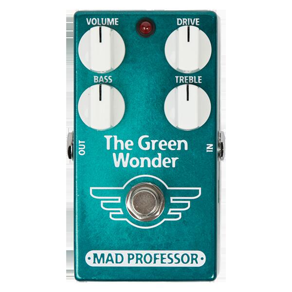 THE GREEN WONDER は汎用性の高いハイヘッドルームのオーバードライブ/ブースターペダルで、高出力でシングルコイルでもハムバッカーピックアップのどちらでも素晴らしいサウンドを奏でます。あらゆる種類のアンプと非常に相性が良く、クリーン/オーバードライブチャンネルのどちらでも使用することも、ヘビーディストーションとして使用することも可能です。また、他のペダルとゲインスタックするためのペダルを探しているプレイヤーにも最適です。 LITTLE GREEN WONDERの魅力はそのままにアップデートを施し、新たにTHE GREEN WONDERとして生まれ変わりました。しかし、それだけでなく、長年にわたってプレイヤーからの要望を聞き続け、あなたが見逃していたかもしれないものすべてが今そこにあるのです。 THE GREEN WONDERには新たにBassとTrebleのコントロールが追加されており、使用している他の機材に応じて低域と高域を自在に操ることができます。温かみのあるヴィンテージトーンも、明るいモダンなトーンも、THE GREEN WONDERが叶えてくれるでしょう。このクラシックなサウンドに多様性を持たせ、本当にパワフルなツールに仕上げることができました。 SPECIFICATIONS CONTROLS VOLUME: ペダルの全体的な出力レベルを調整します。クリーンブーストとして使用する場合でも、チューブアンプのフロントエンドを自然なクリップに追い込むのに十分なレベルを提供します。 DRIVE: オーバードライブのレベルを調整します。反時計回りに設定すると浅めのオーバードライブまたはブースト、時計回りに設定するとよりドライブしたトーンになります。クリーンブーストからブルージーなクランチ、そしてロックなオーバードライブまで対応します。The Green Wonderを他のオーバードライブと組み合わせて使用すると、タイトでヘビーなディストーションを得ることができます。 BASS: ローエンドのトーンを設定します。低域のわずかなカット～大幅なブーストまで幅広い調整が可能です。1時のポジションから設定をスタートすることをお勧めします。 TREBLE: トーンの明るさを調整します。温かみのある滑らかなトーンから明るく切れのあるトーンへと変化させます。12時のポジションから設定をスタートすることをお勧めします。 TECHNICAL SPECIFICATIONS ・Input impedance: 500kOhm ・Output impedance: 10kOhm ・Complete bypass (true bypass) ・Max current consumption: 4mA at 9VDC ・Supply Voltage Range: 7.5V-18VDC CAUTION 底面を外した状態での操作は絶対にしないでください。破損する可能性があります。