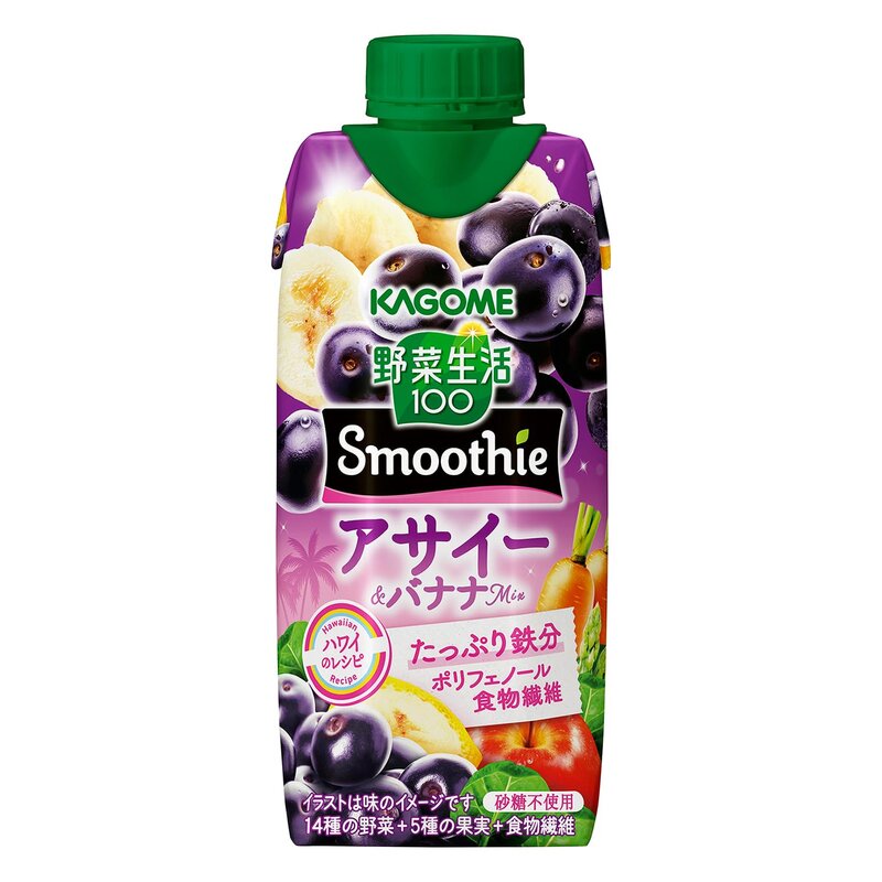 商品説明:果実・野菜ミックス飲料 保存方法:(開封前):直射日光や高温多湿を避けて保存してください。 原材料名:果実(りんご(輸入)、バナナ、マンゴー、レモン)、野菜(にんじん、ビート、ケール、ほうれん草、アスパラガス、クレソン、パセリ、かぼちゃ、レタス、キャベツ、だいこん、はくさい、たまねぎ、セロリ)、食物繊維、アサイーエキス/香料、クエン酸、ピロリン酸第二鉄 栄養成分:(1本/330ml当たり)エネルギー:131kcal、たんぱく質:1.0g、脂質:0g、炭水化物:33.1g、糖質:30.5g、糖類:26.3g、食物繊維:2.6g、食塩相当量:0.01 ~0.4g、カリウム:200 ~670mg、鉄:1.0 ~1.9mg、ビタミンA:110 ~970μg、ビタミンE:0.3 ~1.0mg、ポリフェノール:160mg