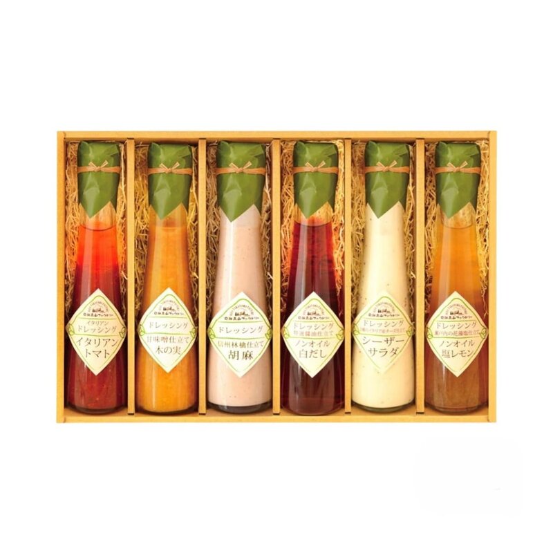 信州林檎仕立て胡麻ドレッシング(120ml)・2種のイタリア産チーズ仕立てシーザーサラダドレッシング(120ml)・瀬戸内の花藻塩仕立てノンオイル塩レモンドレッシング(120ml)・イタリアントマトのイタリアンドレッシング(120ml)・特選醤油仕立てノンオイル白だしドレッシング(120ml)・甘味噌仕立て木の実ドレッシング(120ml)×各1