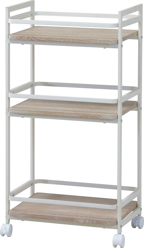 サイズ 全体:幅435×奥行300×高さ840mm、棚板サイズ:幅410×奥行300mm 材質 底板:MDF(15mm厚)塩ビシート真空成型、フレーム:スチール、粉体塗装 お客様組立式、キャスター付き(ストッパー付き×2、ストッパー無し×2)
