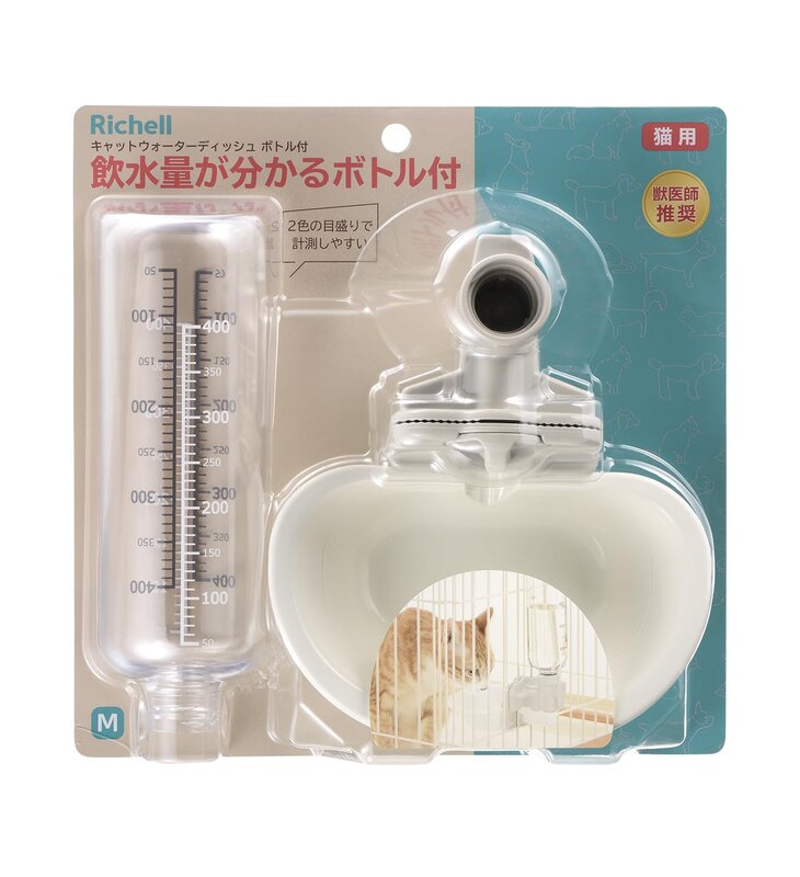 猫用 サイズ/16.9×20×27.7H(cm) 貯水容量/170mL、ボトル最大目盛容量/400mL 材質/PET、ポリプロピレン、他 対応ワイヤー:φ2.8~5(mm)、対応ワイヤー隙間:30~55(mm)