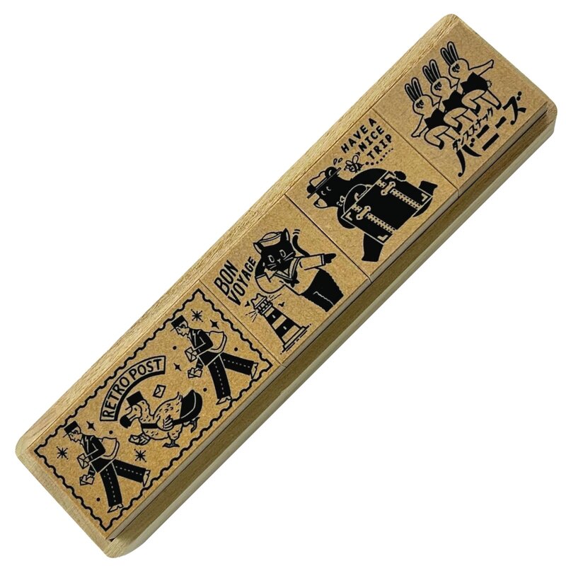 【本体サイズ】15.8×3.9×2.5cm 【セット内容】6×3cm 1個、3×3cm 3個 【材質】トレー:桐、台木:MDF、印面:ゴム 【仕様】イラストレーター/デザイナーob1toy(オビワン)デザイン 【スタンプ台】別途ご用意ください
