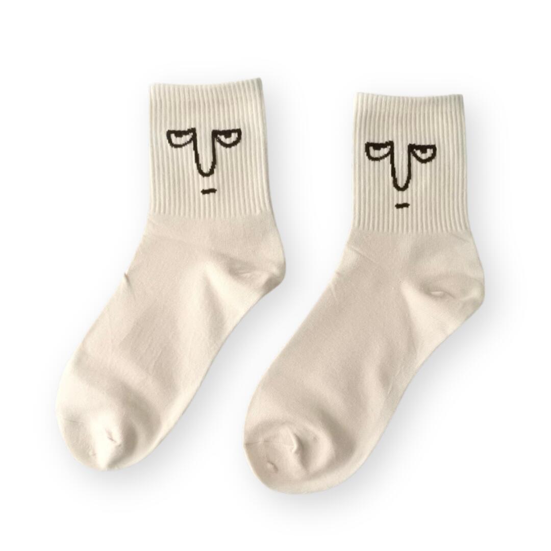 【IMPORT POP SOCKS】フェイス モチーフ ソックス（ナチュラル） | レディース メンズ 顔 くつ下 靴下