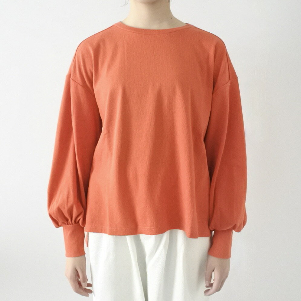 Long-Sleeved - リブボリューム 袖 プルオーバー （ORANGE）レディース トップス カットソー ロンT フリーサイズ カジュアル OMNES オムネス ゆったり シルエット ナチュラル シンプル お洒落 おしゃれ 30代 40代 50代 ファッション ワードローブ オレンジ 無地 クルーネック