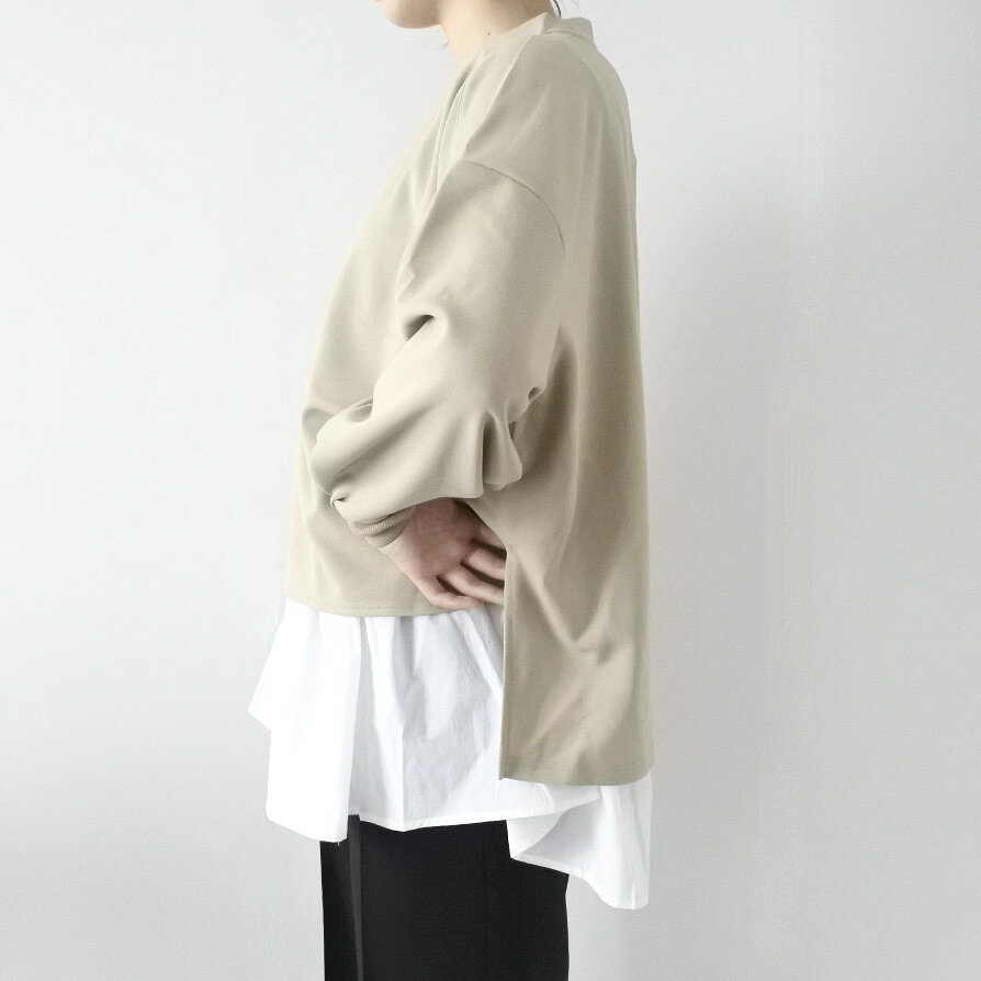 梨地ショート丈 アンサンブル 長袖 プルオーバー BEIGE ベージュ ＆ 裾フレア タンクトップ WHITE 白 レイヤード 2点セット レディース トップス カジュアル OMNES オムネス ゆったり シルエット ナチュラル シンプル お洒落 おしゃれ 30代 40代 50代 ファッション