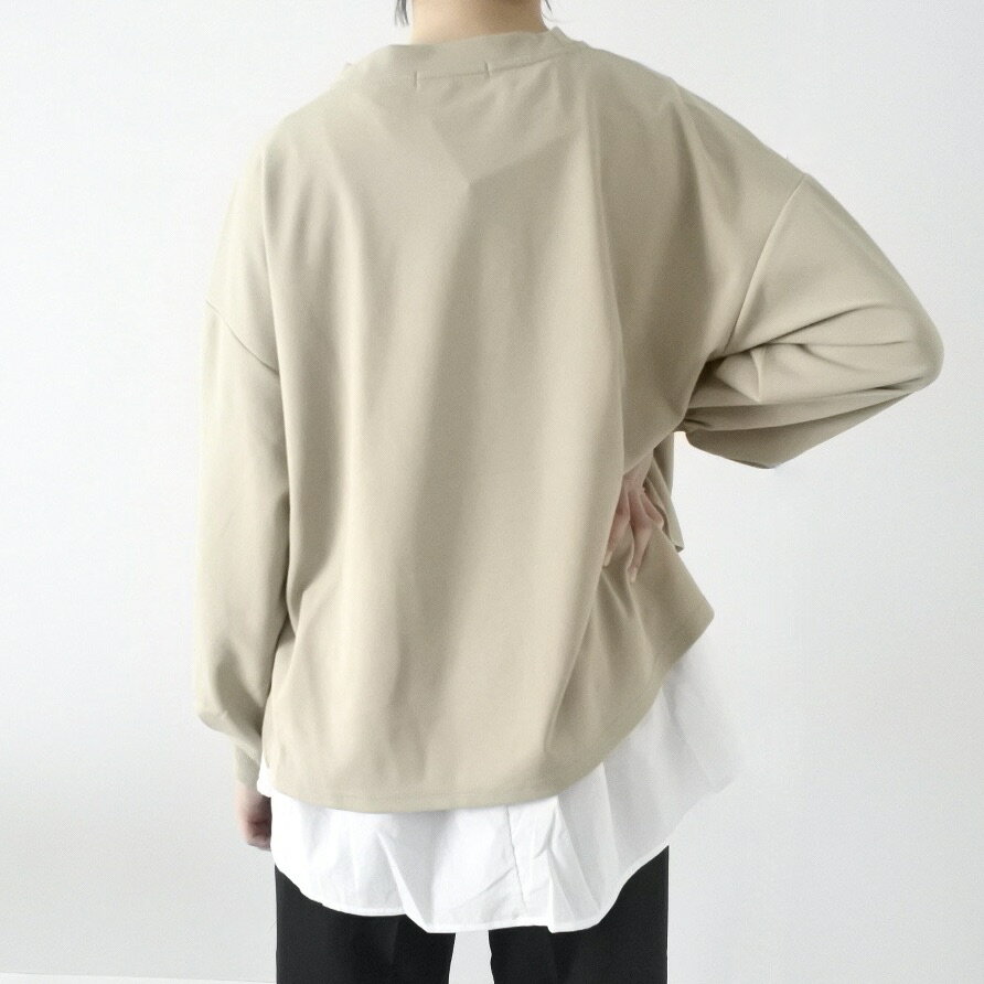 梨地ショート丈 アンサンブル 長袖 プルオーバー BEIGE ベージュ ＆ 裾フレア タンクトップ WHITE 白 レイヤード 2点セット レディース トップス カジュアル OMNES オムネス ゆったり シルエット ナチュラル シンプル お洒落 おしゃれ 30代 40代 50代 ファッション