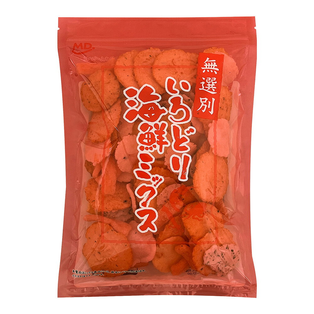 ◆商品名称 【無選別 いろどり海鮮ミックス】 風味豊かな海の幸を生地に練りこみ、色とりどりのおせんべいに仕上げました。素材本来の旨味が楽しめる海鮮せんべいミックスです。 ◆内容量※1袋あたり 126g ◆名称 焼菓子 ◆原材料名 でん粉(国内製造)、植物油、えび、醤油、砂糖、もち米、食塩、水飴󠄀、いか、たこ焼ソース、あおさ、還元水飴󠄀、オキアミ、たこ焼味シーズニング、マヨネーズ味シーズニング、醸造調味料、にんにく味シーズニング、かつお節調味液、たこ、フライドガーリックチップス、昆布エキスパウダー、しょうが酢漬け、たん白加水分解物、ねぎ、昆布、焼きあごエキス、みりん、にんにく、複合削り節粉、でん粉分解物、にんじん　／　加工でん粉、調味料(アミノ酸等)、着色料(アナトー、カロチン、カラメル、クチナシ、黄5、赤102、紅麹、赤3、黄4、ウコン)、膨張剤、酸化防止剤（ビタミンE）、甘味料（ステビア）、酸味料、香料、香辛料抽出物、(一部にえび・小麦・卵・乳成分・いか・さば・ゼラチン・大豆・鶏肉・豚肉を含む) ◆原材料に含まれるアレルギー物質 ・特定原材料 小麦、卵、乳、えび ・特定原材料に準ずるもの いか、さば、ゼラチン、大豆、鶏肉、豚肉 ◆保存方法 直射日光、高温多湿を避けて常温にて保存してください。 ◆賞味期限 別途商品パッケージに記載 ◆製造者 株式会社MDホールディングス ※商品の規格変更などにより、製品記載の内容と異なる場合がございます。 お召し上がりの際には、必ずお手元の製品パッケージの表示をご確認ください。