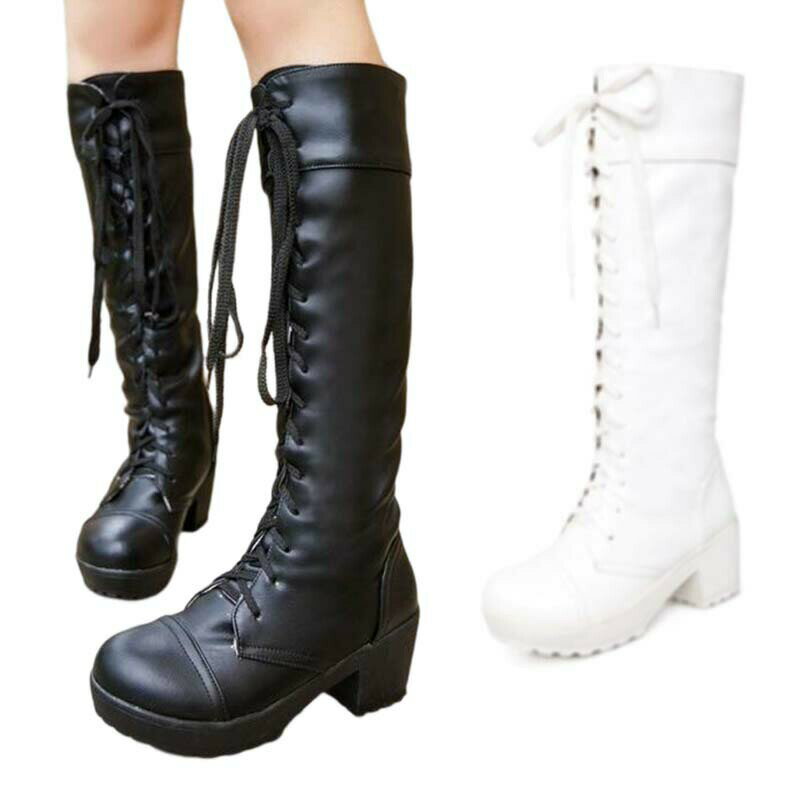 ブーツ レディース ロング 黒 白 春秋冬 シンプル 美脚 レースアップブーツ 編み上げシューズ 長靴 厚底 カジュアル 履きやすい COSPLAY