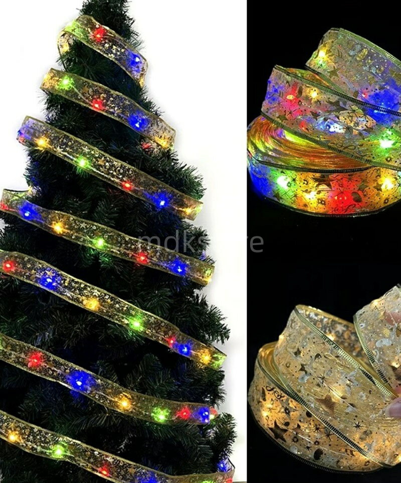 クリスマスツリー リボン 5M 50LED 電池式 イルミネーションライト オーナメント 電飾 リボンライト クリスマスツリー 巻き付け 飾り クリスマス パーティー 結婚式 カラフル