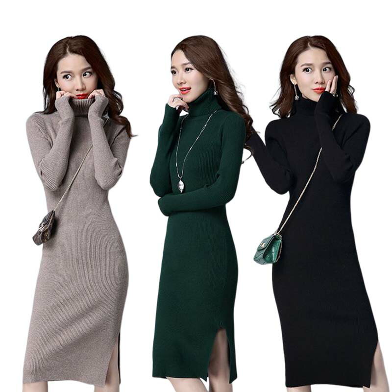 ニットワンピース スリット 膝丈 ハイネック レディース タイト ロング タートルネック 長袖 春 秋 冬 ゆったり 大きいサイズ 大人 エレガント
