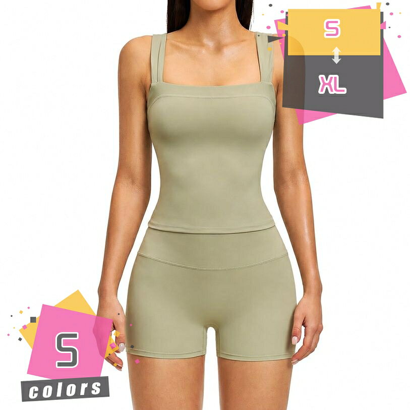 レディース ヨガウェア 上下セット 着痩せ見え スクエアネック ノースリーブ トッ...