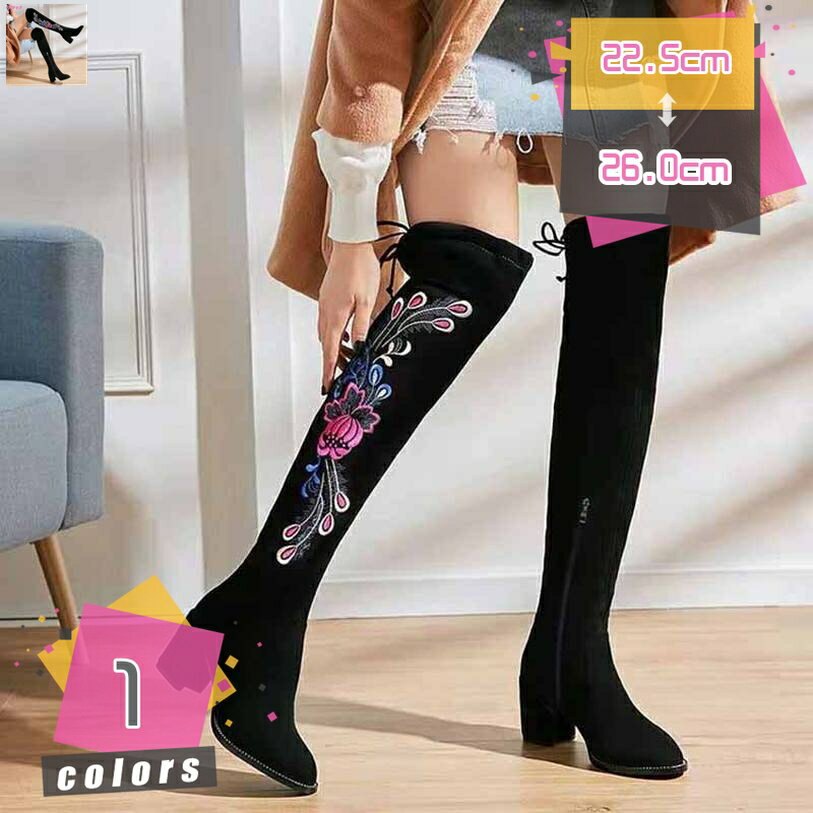 300円OFFクーポン ブーツ レディース ロング 新しい女性の靴ラウンドヘッド刺繍サイドジッパー厚いヒールレトロ弾性ハイヒールスエー ストレッチブーツ 厚底ブーツ 美脚 寸胴タイプ おしゃれ 履きやすい 厚底 秋冬歩きやすい シンプル 通学 通勤 カジュアル mdnat