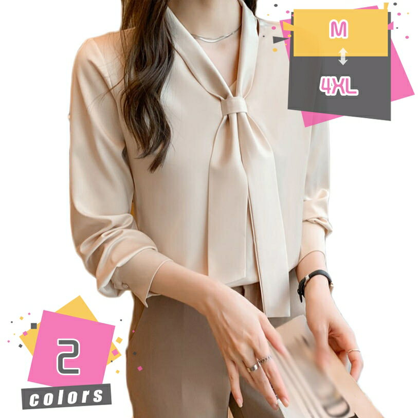 ブラウス レディース 長袖 サテンブラウス プルオーバー リボン飾り シフォン エレガント シャツ フォーマル オフィス カジュアル トップス 着痩せ おしゃれ ボウタイブラウス ノーカラー 大きいサイズ 薄手 春秋 通勤 OL mdnat